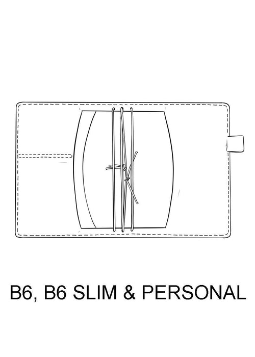Drawing of B6 travelers notebook cover. Inside pockets, pen loop and strings to hold B6 TN inserts.