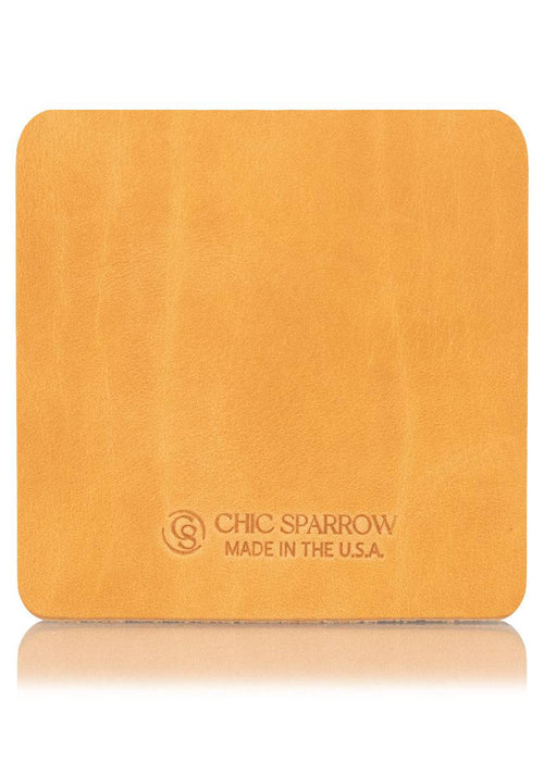 Emma tan leather sample with Chic Sparrow logo. Square leather sample.