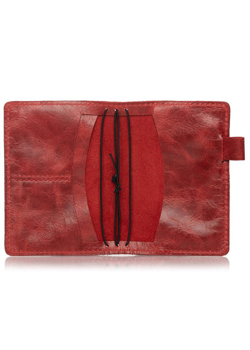 Orient red travelers notebook interior. Leather journal cover with pockets. Available in A5, B6 and Pocket sizes.