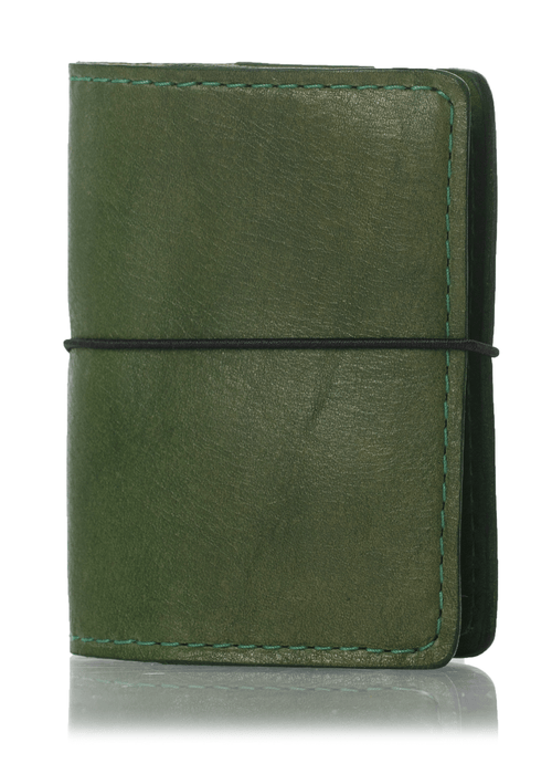 Green leather nano notebook cover. Small leather journal cover with elastic closure.