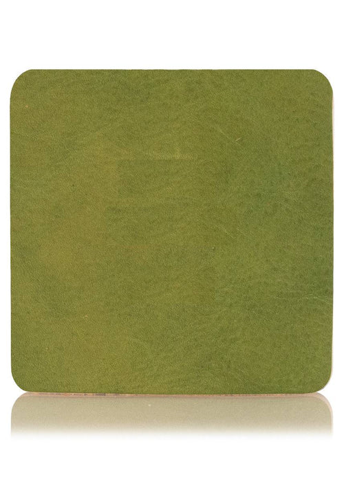 Gastaldi green leather sample with Chic Sparrow logo. Square leather sample.