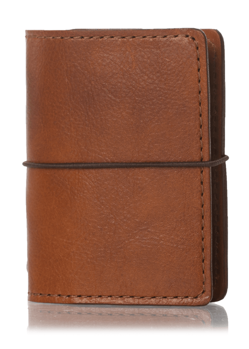 Brown leather nano notebook cover. Small leather journal cover with elastic closure.