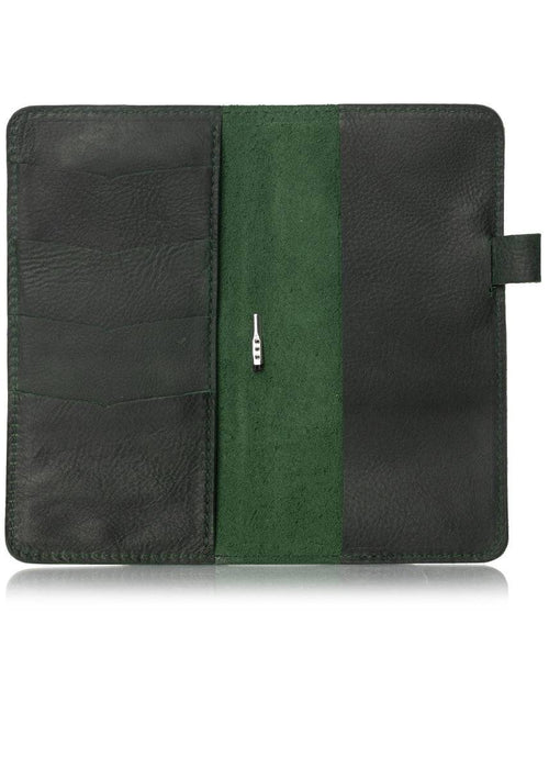 Green leather notebook cover for Hobonichi Weeks planner. Inside cascade pockets and removable pen loop. 