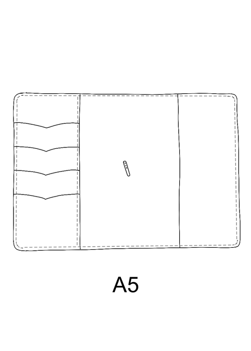 This is an illustration of what the interior of the Cascade folio looks like. There are card pockets on the left-hand side and a slip pocket on the right-hand side and a metal brad in the middle for the closure elastic. - ChicSparrow