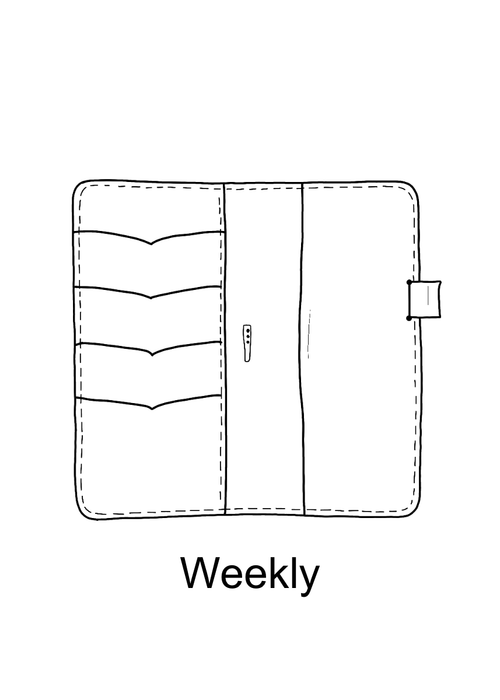 hand drawn ilistration of the inside of the Weekly folio.  Demonstrates 4 pockets on the inside left and a full pocket on the inside right with a removable penloop and a metal brad holding the closure elastic in place.