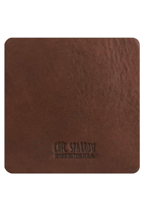 Brown leather sample with Chic Sparrow logo. Square leather sample.