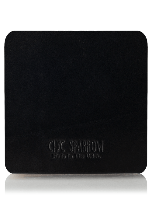 Black leather sample with Chic Sparrow logo. Square leather sample.