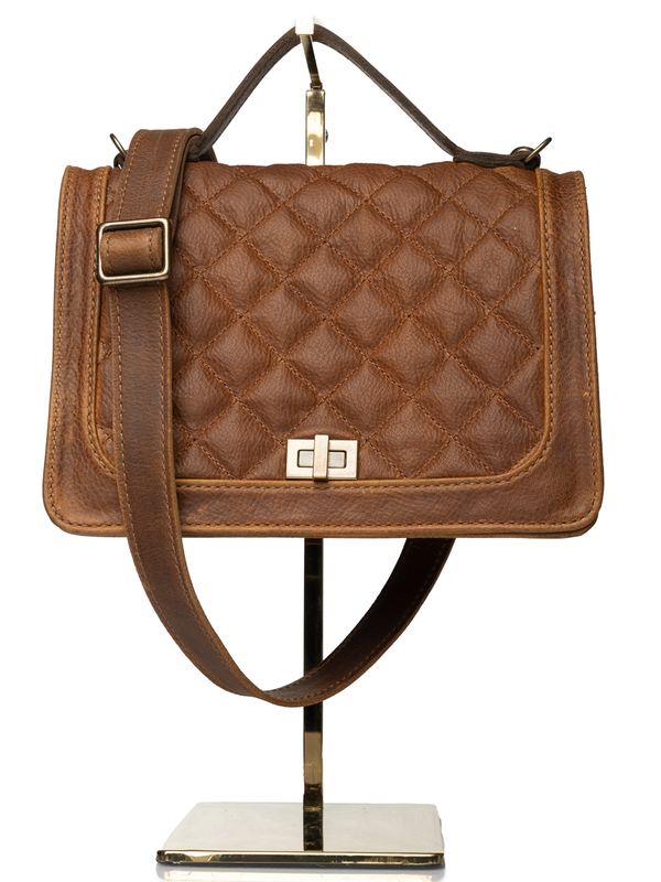 Quilted Top Handle Bag with Cross Body Strap Saddle Brown