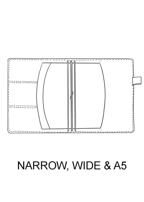 Drawing of A5 travelers notebook cover. Inside pockets, pen loop and strings to hold A5 TN inserts.