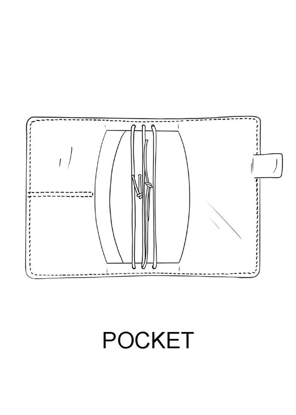 Drawing of pocket size travelers notebook cover. Pockets, pen loop and strings hold pocket TN inserts.
