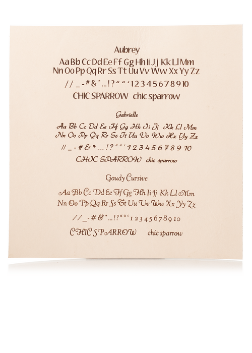 This is a larger example of the three fonts we offer for inscription showing the full alphabet both uppercase and lowercase as well as special characters like //_#&*..." " ' and numbers 1, 2, 3, 4, 5, 6, 7, 8, 9, 0. Aubrey looks best capitalized and Goudy Cursive is the most popular option that most customers go for. - ChicSparrow