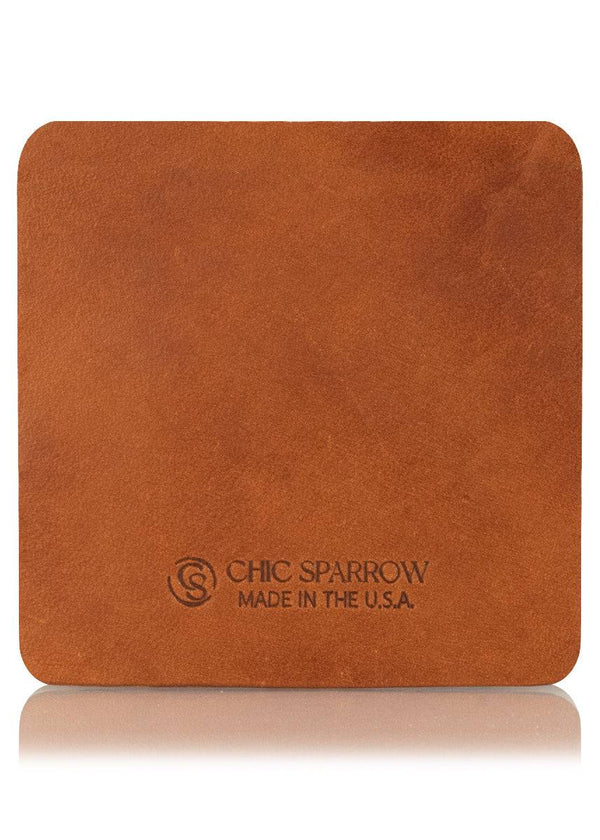 Mr. Darcy brown leather sample with Chic Sparrow logo. Square leather sample.
