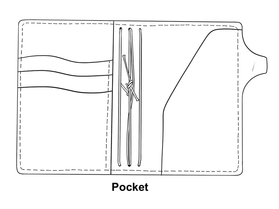 Drawing of pocket travelers notebook cover. Inside pockets, pen loop and strings to hold pocket TN inserts.