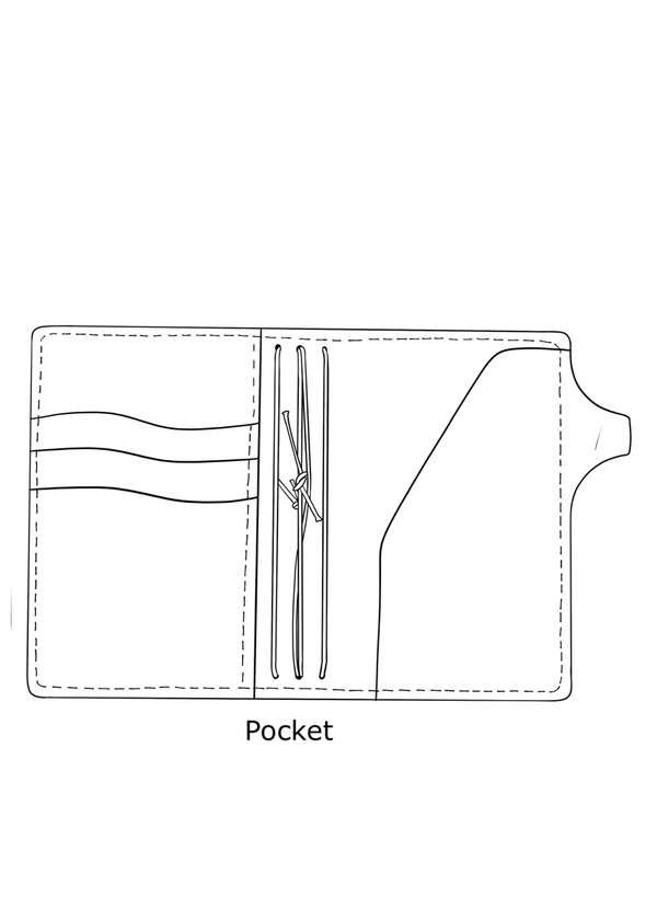 Drawing of pocket size travelers notebook cover. Pockets, pen loop and strings hold pocket size TN inserts.