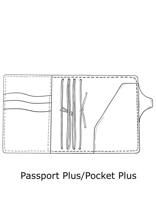 Drawing of pocket plus and passport plus size travelers notebook cover. Inside pockets, pen loop and strings to hold passport plus size TN inserts.