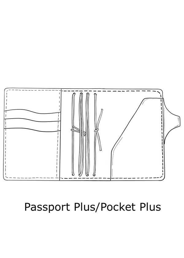 Drawing of pocket plus and passport plus size travelers notebook cover. Inside pockets, pen loop and strings to hold passport plus size TN inserts.