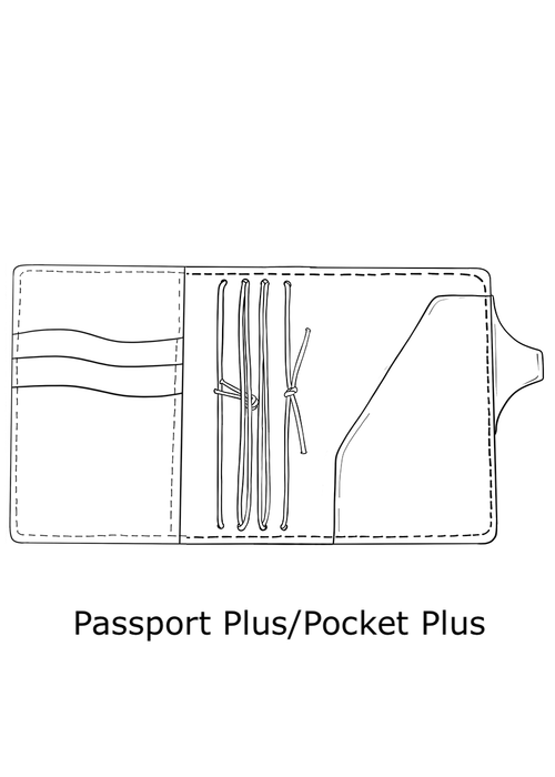 Drawing of plus size travelers notebook cover. Pockets, pen loop and strings hold pocket or passport size TN inserts.