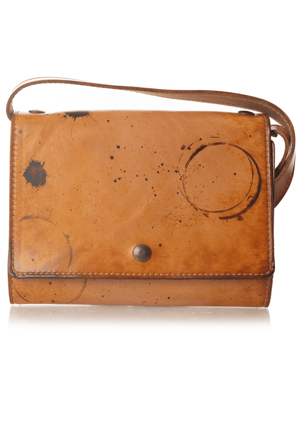 This is an example of what antiquing looks like on an Emma. Antiquing is when an artist applies dye to make markings like splatters and cup rings on a leather notebook to make it look older. - ChicSparrow