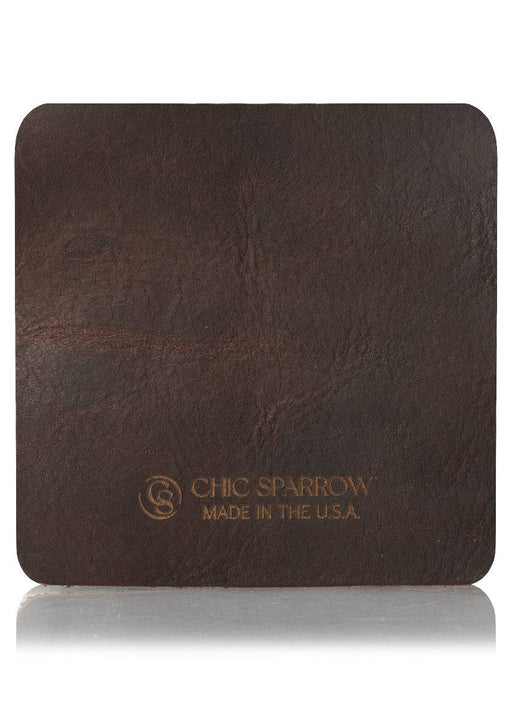 Denali brown leather sample with Chic Sparrow logo. Square leather sample.