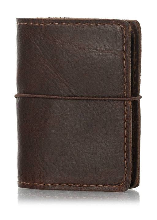 Brown leather nano notebook cover. Small leather journal cover with elastic closure.