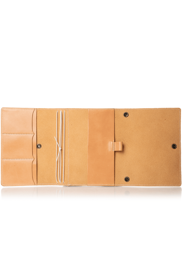 This is the inside of the Clark. There are 3 card pockets on the far right-hand side. 4 interior elastics. Then a slip pocket with a stitched in pen loop and then the closure flap. - ChicSparrow