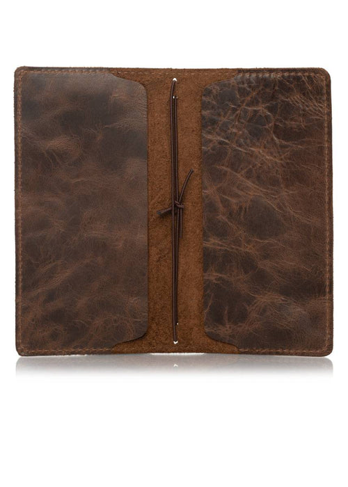 Brown leather notebook cover for Hobonichi Weeks planner. Inside pockets and elastic string