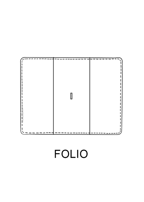 Drawing of leather folio notebook cover. Inside pockets on the front and back hold TN inserts, journals or planners.