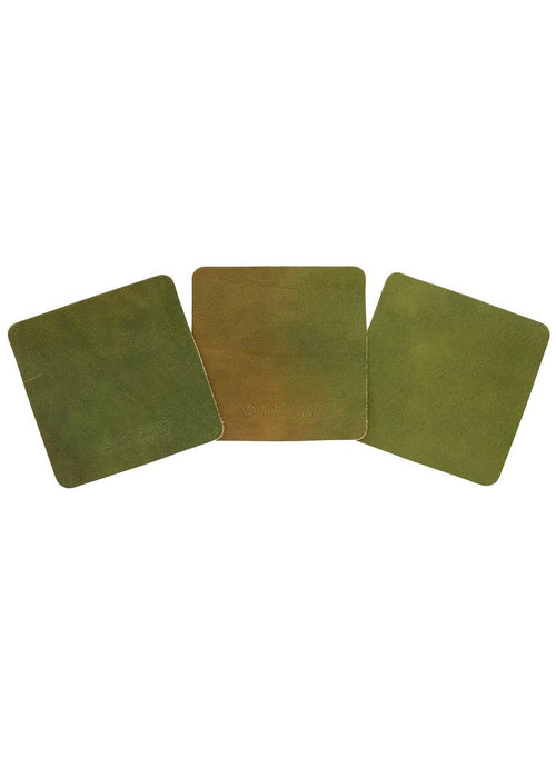 Leather samples showing variation on green leather. Notebook cover comes in a range of green leather colors.