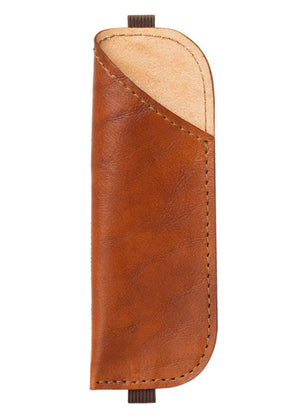 Tan leather pen case with elastic strap. Pen and pencil storage. Made in USA by Chic Sparrow.