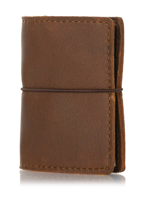 Brown leather nano notebook cover. Small leather journal cover with elastic closure.