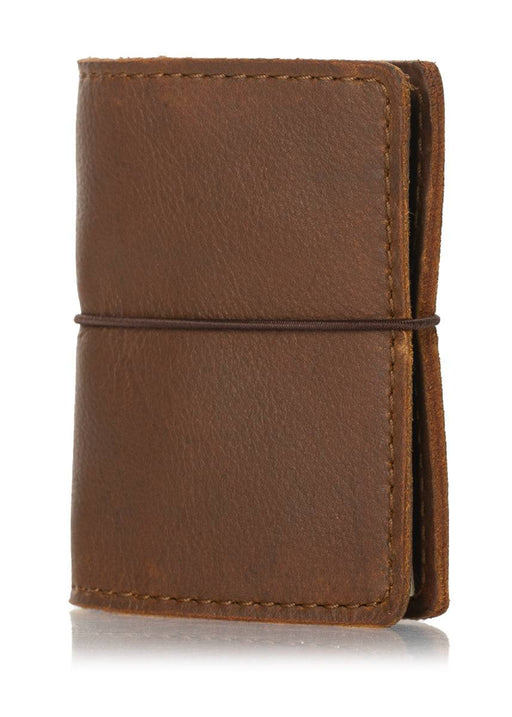 Brown leather nano notebook cover. Small leather journal cover with elastic closure.