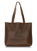 Brown leather tote bag. Simple leather handbag with outside pocket and handles.