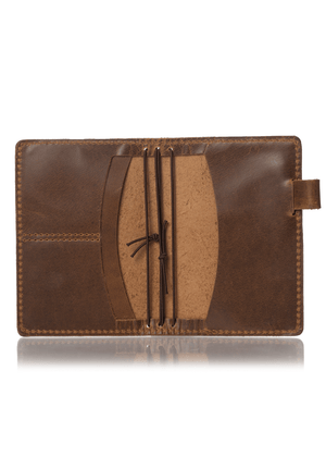 Brown travelers notebook interior. Leather journal cover with pockets. Available in A5, B6 and Pocket sizes.
