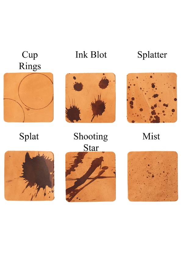 These are all the examples of antiquing terminology so you can make specific requests in your order notes to our artists. From the top left to right: Cup rings - looks like coffee rings. Ink Blot - Medium size round ink markings that can look like small sea urchins. Splatter - Small dribbles of ink that look like large freckles. Bottom row from left to right. Splat - A large mark of dye that also looks like a sea urchin. Shooting Star - ChicSparrow