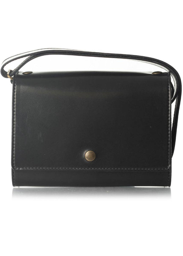 An Austen leather trifold with a snap closure and adjustable strap. This is a bag-notebook hybrid. The collection name is Austen and the color is called Morland (Ebony Black) - ChicSparrow