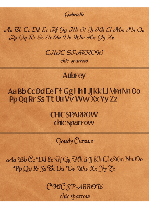 Font samples for travelers notebook cover inscriptions. Custom text options for leather notebook cover.