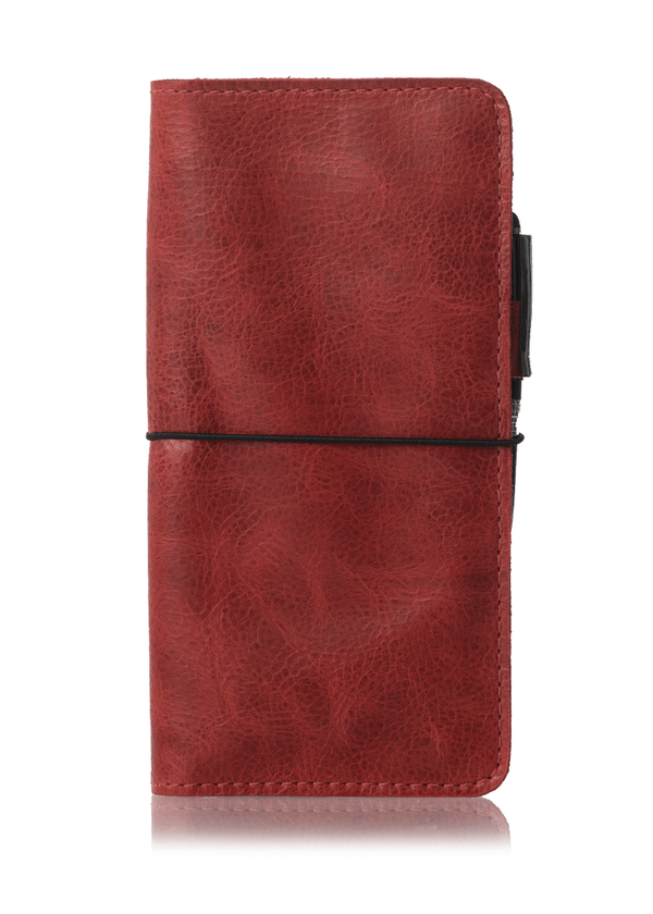 Red leather notebook cover for Hobonichi Weeks planner. Simple red leather planner cover with elastic closure.