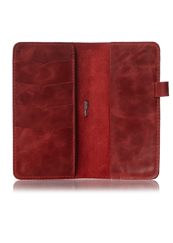 Red leather notebook cover for Hobonichi Weeks planner. Inside cascade pockets and removable pen loop. 