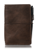Brown leather travelers notebook journal cover with elastic closure.