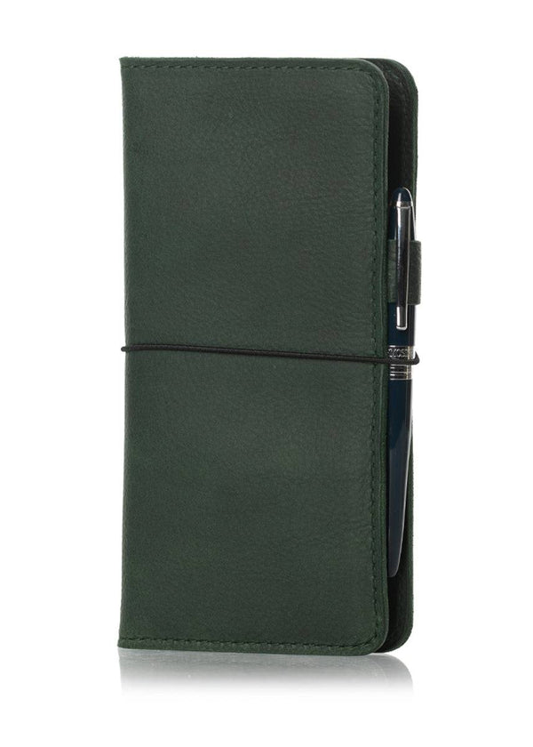 Green leather notebook cover for Hobonichi Weeks planner. Simple green leather planner cover with elastic closure. 
