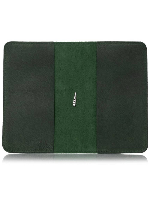 Sequoia green planner cover interior. Leather journal cover with two pockets.