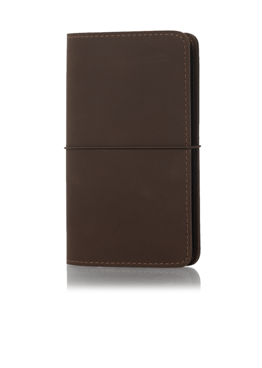 Brown planner cover. Leather journal cover with elastic closure.