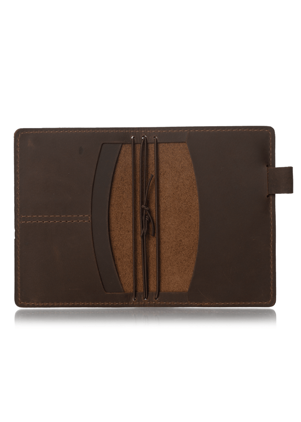 Brown travelers notebook interior. Leather journal cover with pockets and strings. Available in A5, B6 and Pocket sizes.
