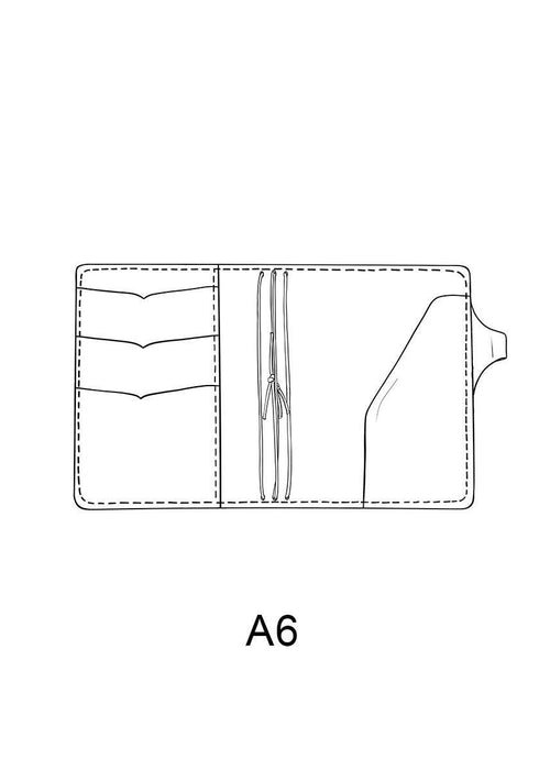 Drawing of A6 travelers notebook cover. Inside pockets, pen loop and strings to hold A6 TN inserts.
