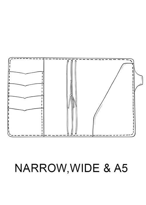 Drawing of Narrow, Wide, A5 travelers notebook cover. Inside pockets, pen loop and strings to hold TN inserts. 