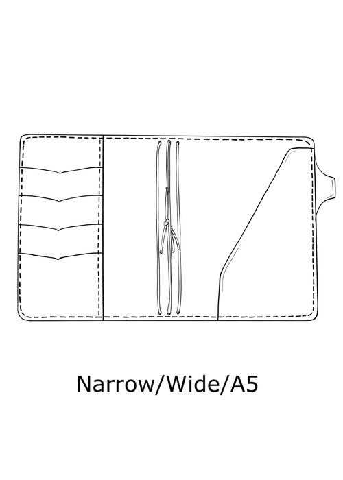Drawing of A5 travelers notebook cover. Inside pockets, pen loop and strings to hold A5 TN inserts.