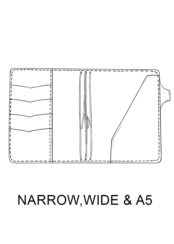 Drawing of A5, Wide and Narrow travelers notebook cover. Inside pockets, pen loop and strings to hold A5 Wide and Narrow TN inserts.