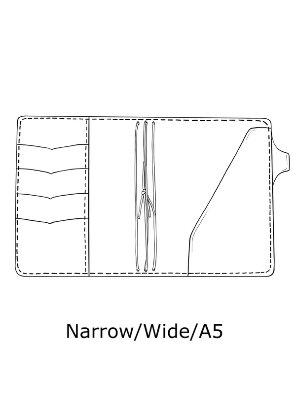 Drawing of A5 travelers notebook cover. Inside pockets, pen loop and strings to hold A5 TN inserts.