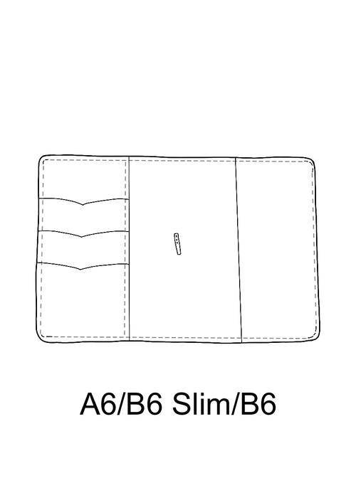 hand drawn ilistration of the inside of the A6 B6 and b6 slim folio.  Demonstrates 3 pockets on the inside left and a full pocket on the inside right with a removable penloop and a metal brad holding the closure elastic in place.
