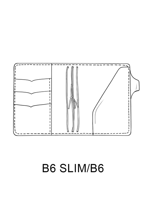 Drawing of B6 and B6 slim travelers notebook cover. Inside pockets, pen loop and strings to hold B6 and B6 Slim TN inserts.